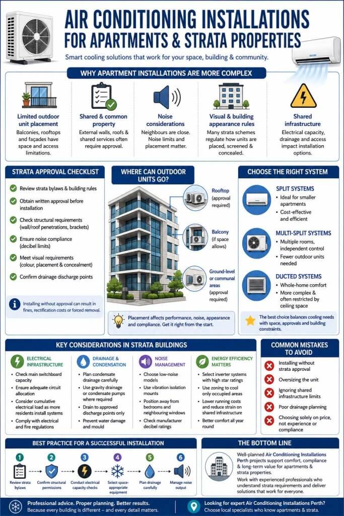 Air conditioner Perth Apr 27 2026 10_42_46 AM - Everest Air Conditioning & Refrigeration | Hvac | Perth, WA Infographic about air conditioning installations for apartments and strata properties, covering system options, outdoor unit placement, checklists, and best practices.