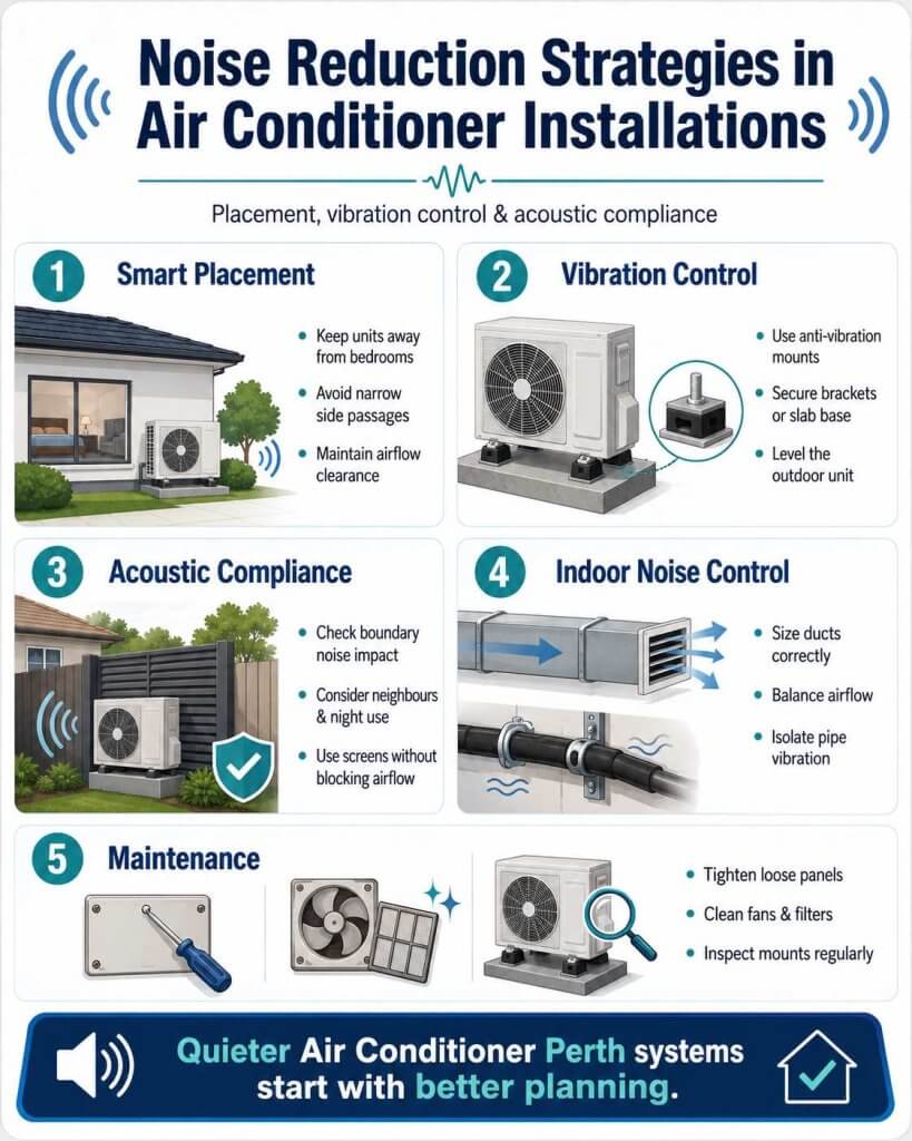Air Conditioner Installation Perth Jul 2 2026 12_33_03 PM - Everest Air Conditioning & Refrigeration | Hvac | Perth, WA Infographic titled Noise Reduction Strategies in Air Conditioner Installations showing five steps: Smart Placement, Vibration Control, Acoustic Compliance, Indoor Noise Control, and Maintenance with related illustrations and icons.